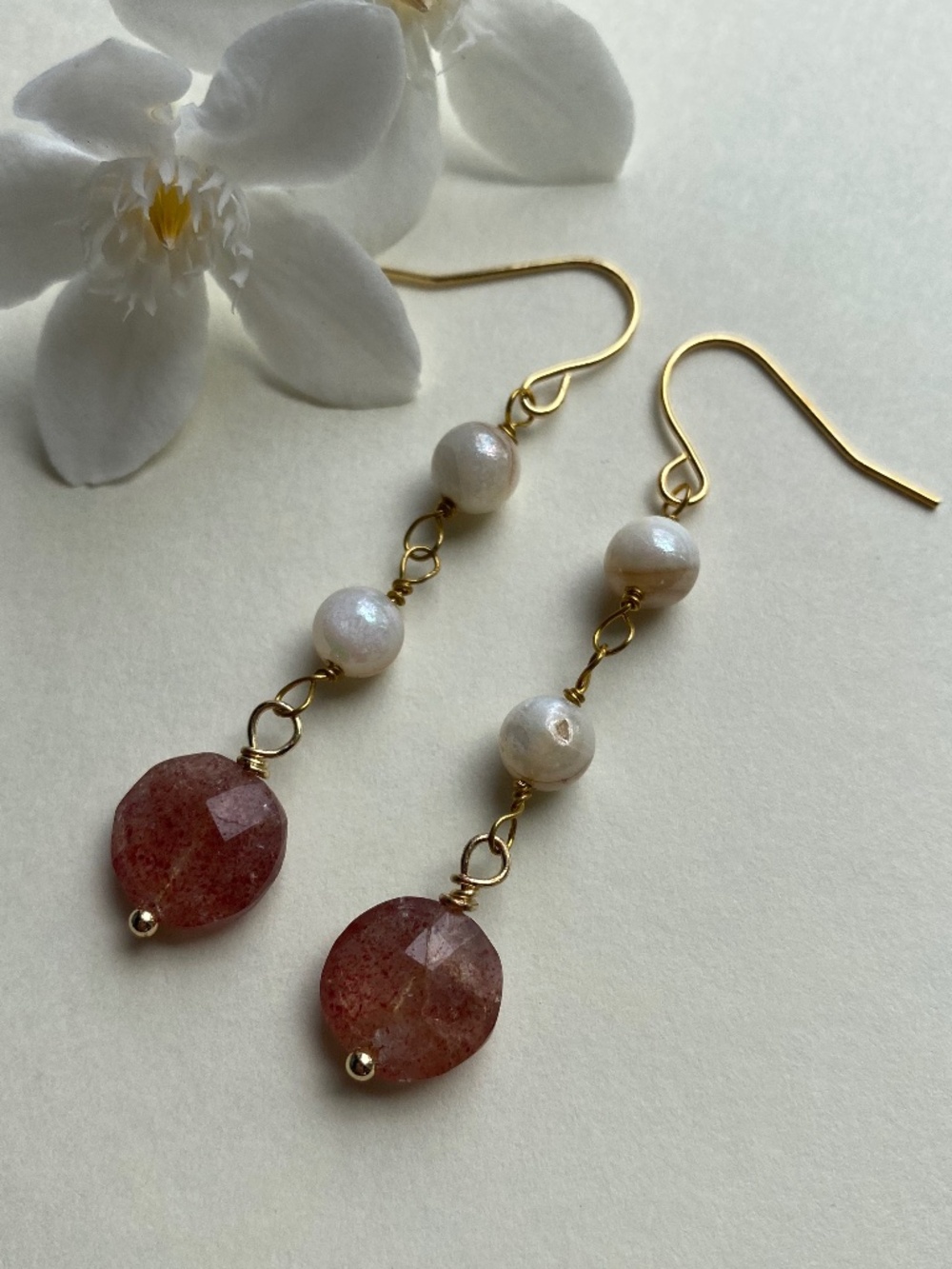 Handmade Earrings with Strawberry Quartz and White Chalcedony